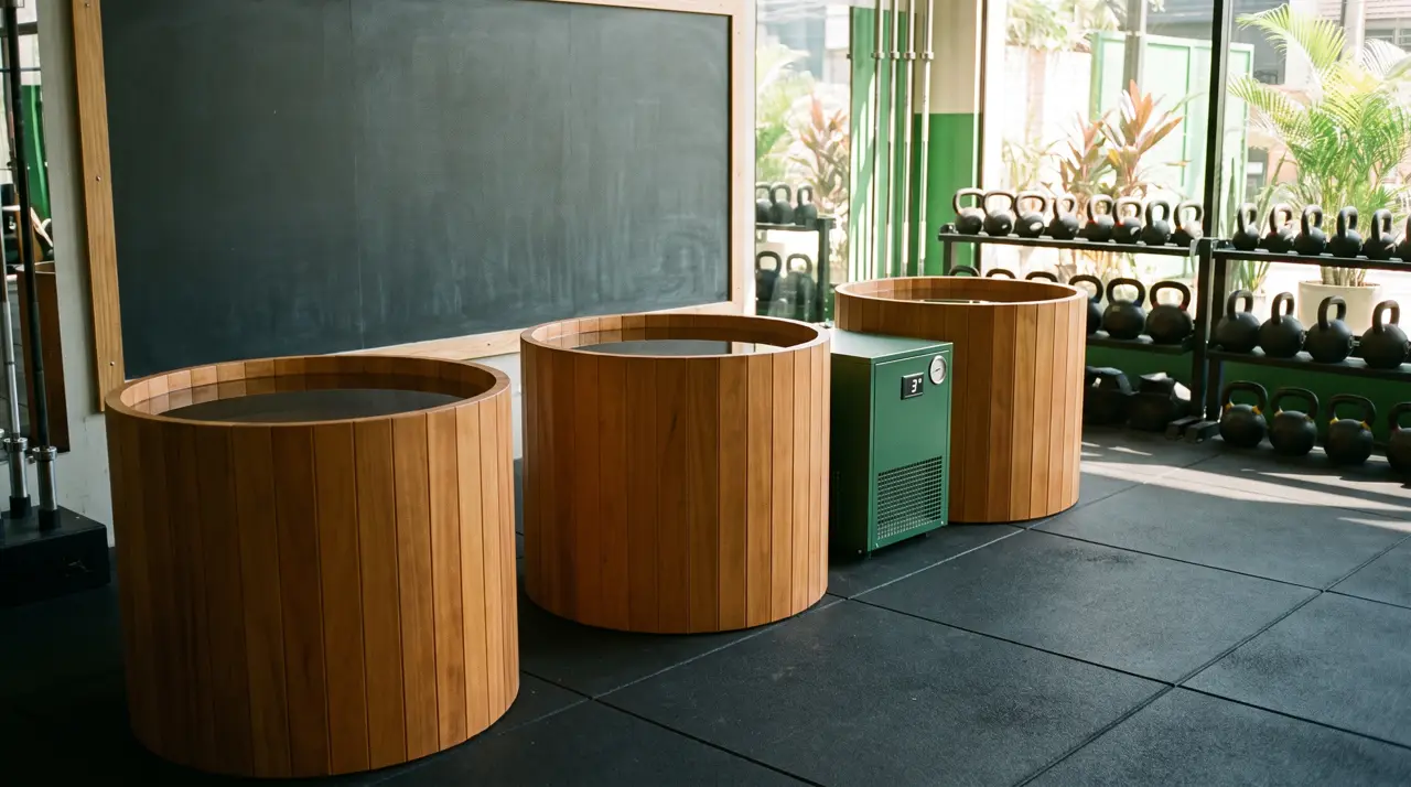Canto de recovery pronto em box de crossfit com três barris de cedro em linha