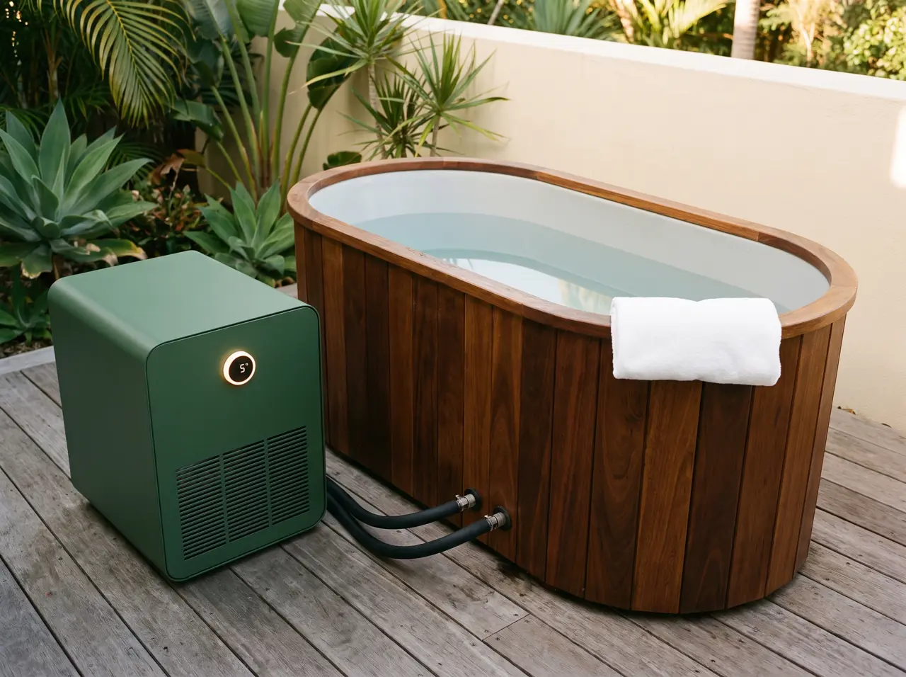 Banheira de gelo de cumaru com chiller verde-floresta em deck de madeira