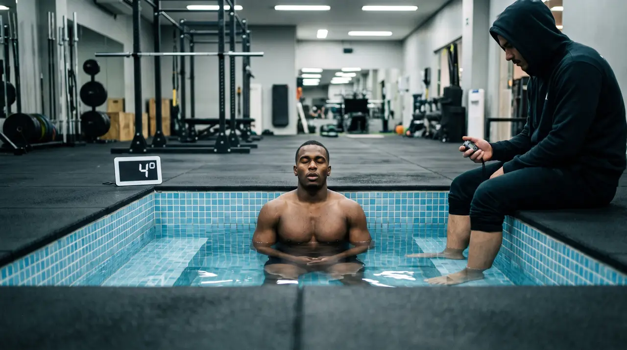 Piscina fría colectiva de mosaico en un gimnasio con un atleta musculoso inmerso hasta el pecho