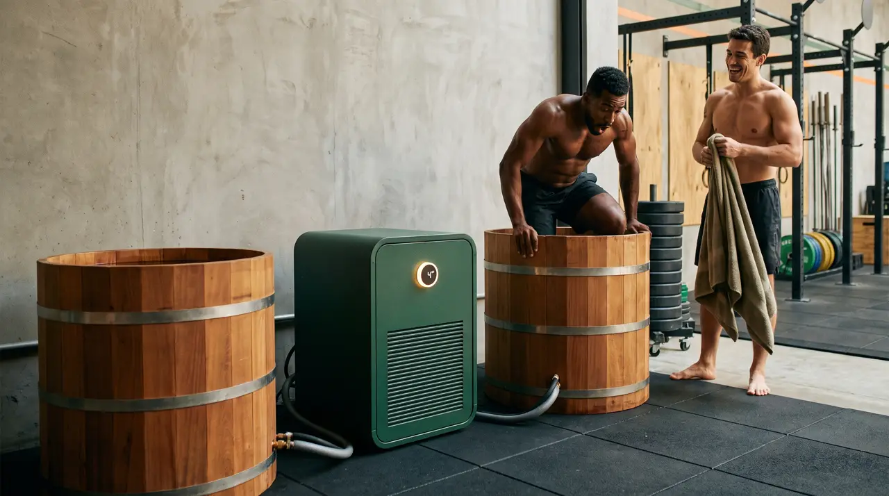 Canto de recovery em box de crossfit com barris de gelo e atleta entrando na água