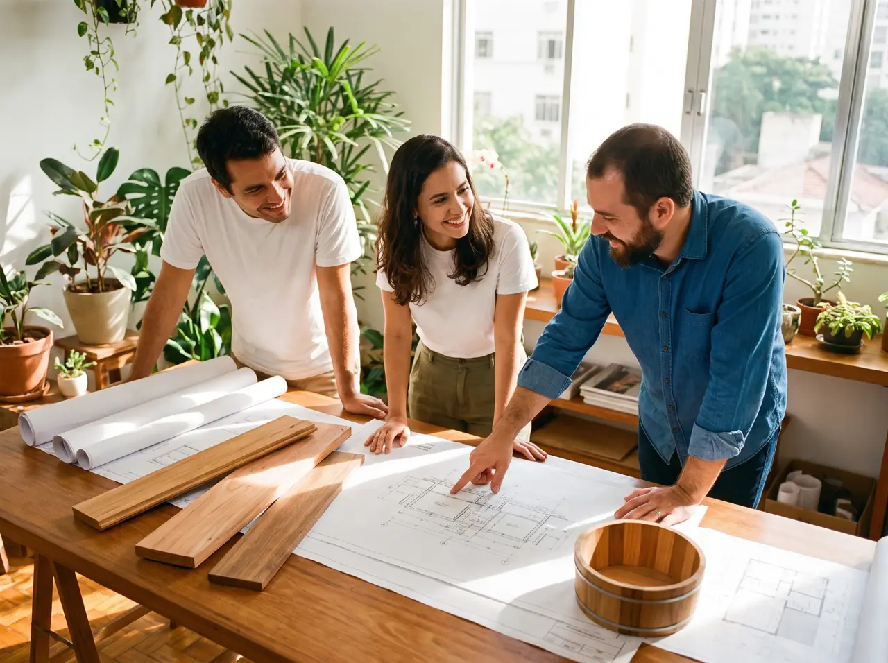 Arquitetos e engenheiro discutindo projeto de sauna sobre pranchas e amostras de madeira