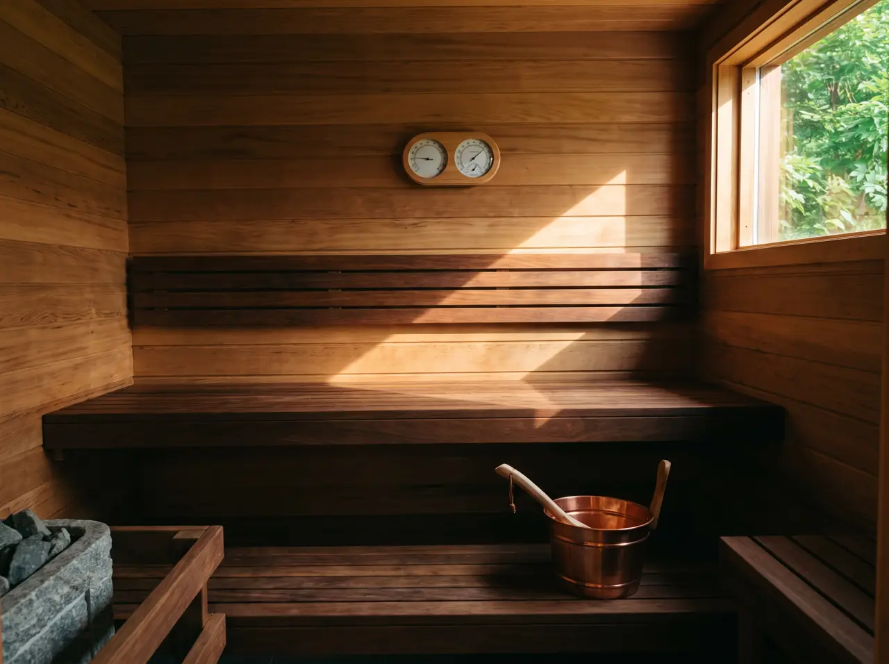 Interior de sauna seca de cedro com termômetro e higrômetro analógicos de madeira