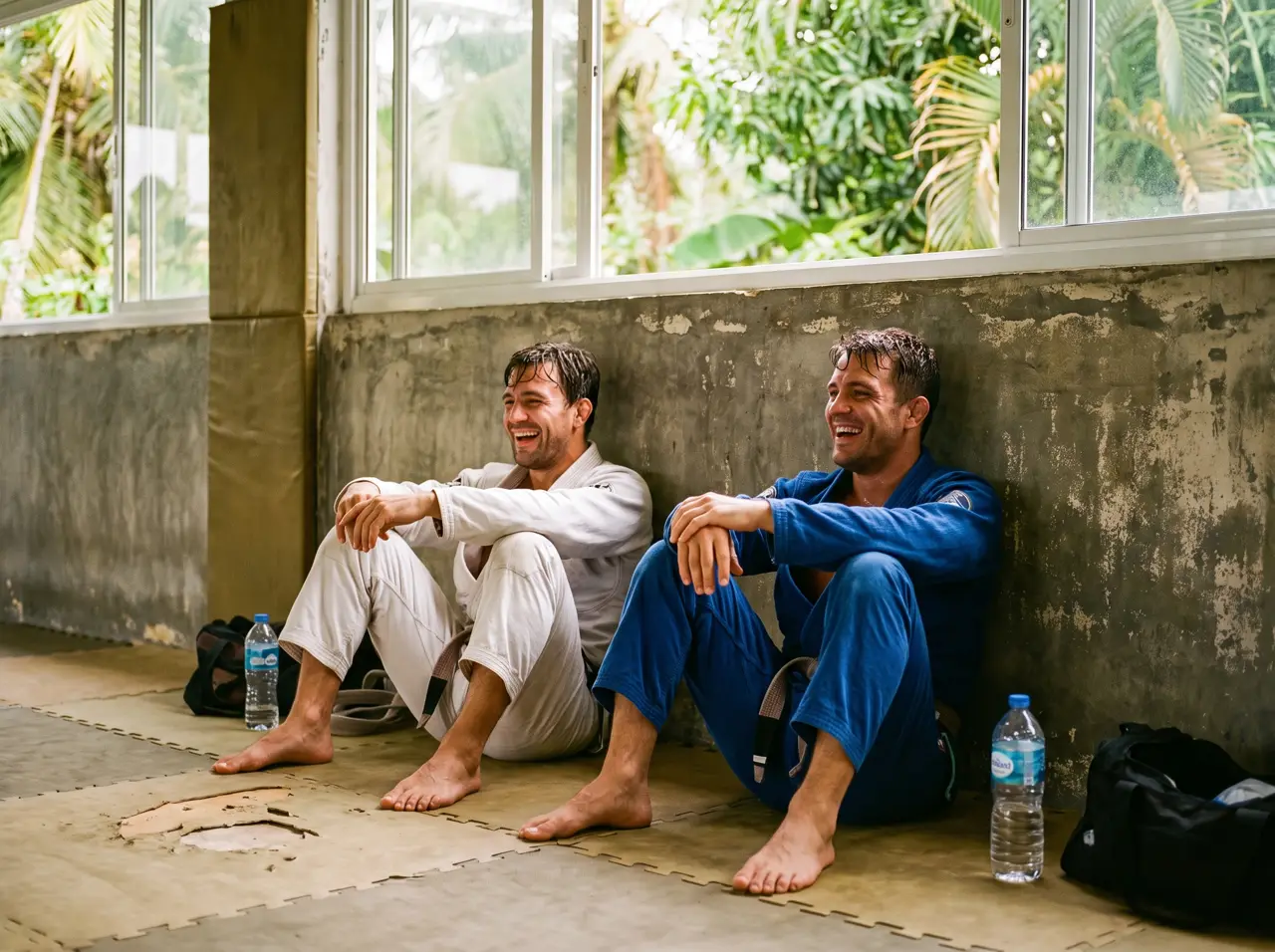 Atletas de jiu-jitsu rindo após o treino no tatame