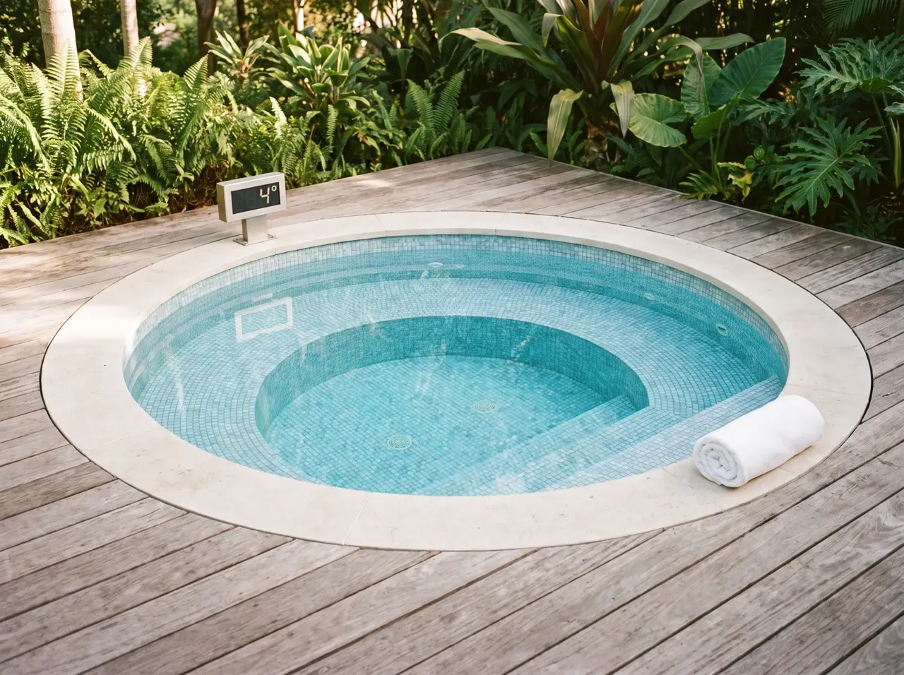Piscina de hielo redonda de mosaico azul empotrada en un deck de madera con panel marcando 4 grados
