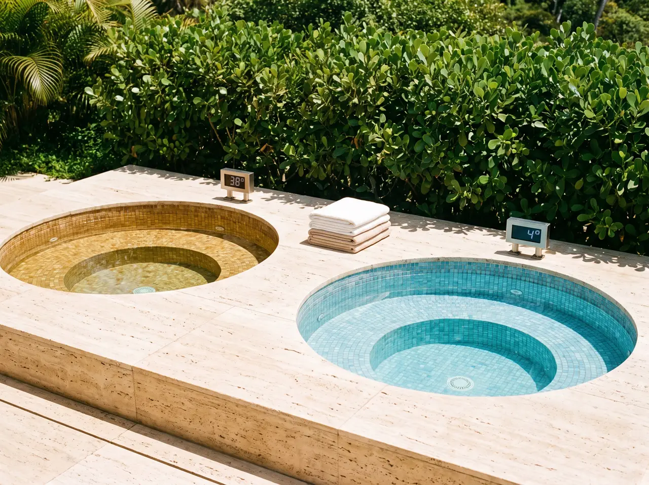 Par de piscinas redondas caliente y fría con mosaicos dorado y azul y paneles de temperatura