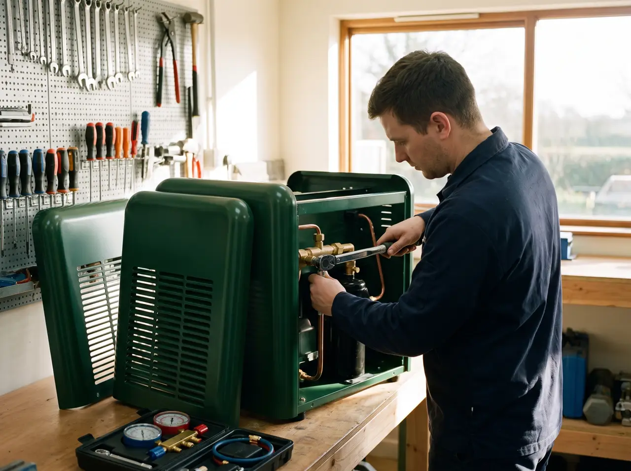 Técnico de refrigeração montando chiller verde para banheira de gelo