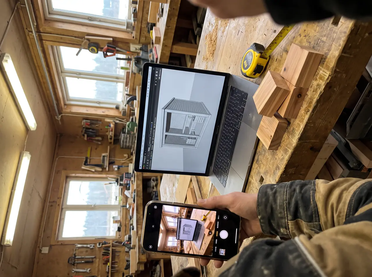 Laptop com projeto 3D de sauna residencial ao lado de amostras de cedro na bancada