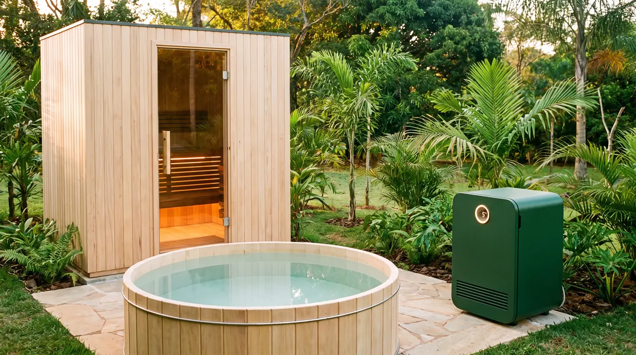 Casa de sauna com varanda, barris de gelo e pergolado prontos em gramado de fazenda