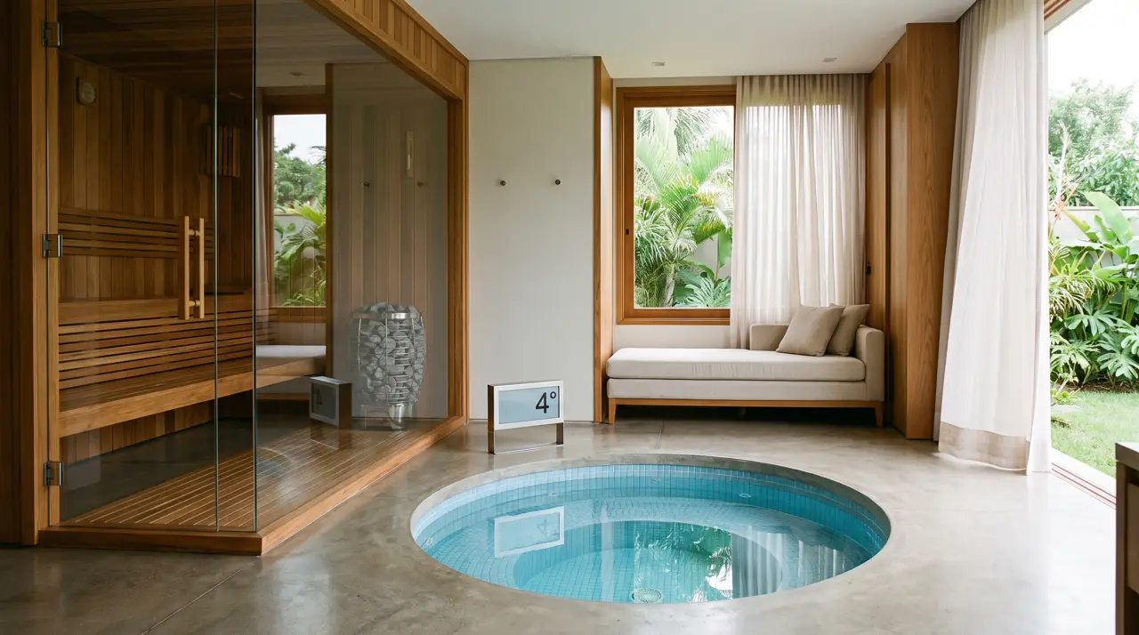 Sala de recovery residencial con sauna de cedro, tina de cumarú y daybed de lino