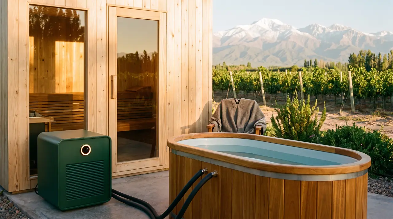 Terraço de vinhedo em Mendoza com sauna de cedro, tina de gelo e os Andes ao fundo