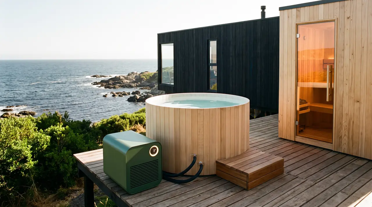 Deck de casa moderna na costa do Chile com barril de gelo, sauna e o Pacífico abaixo