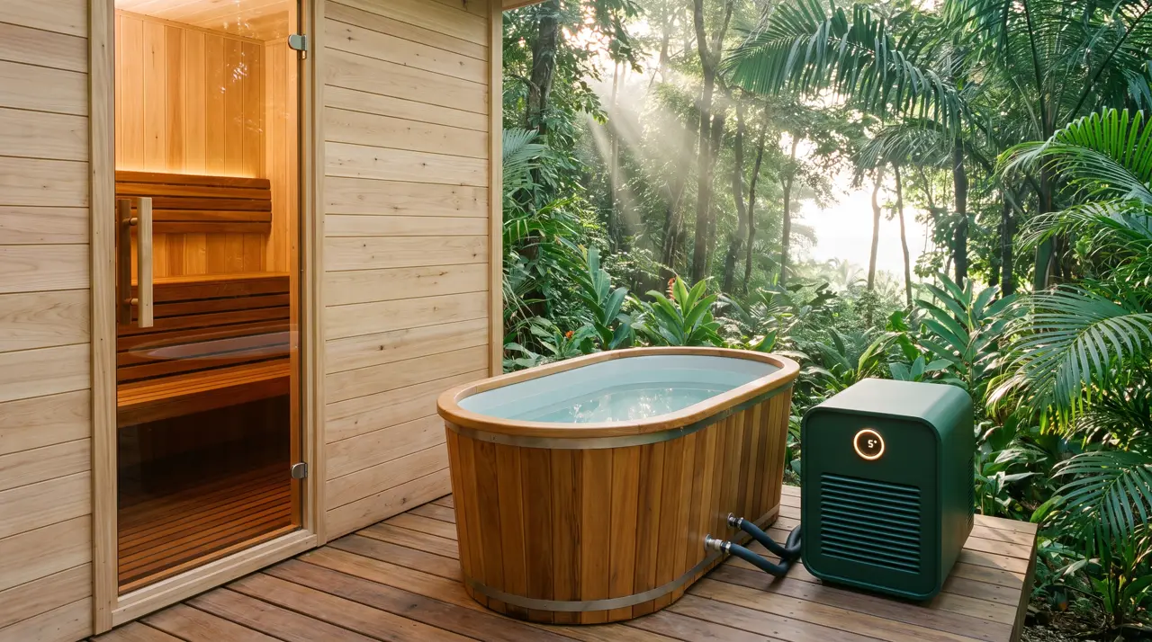 Deck de villa na selva da Costa Rica com sauna, tina de cumaru e Pacífico ao longe