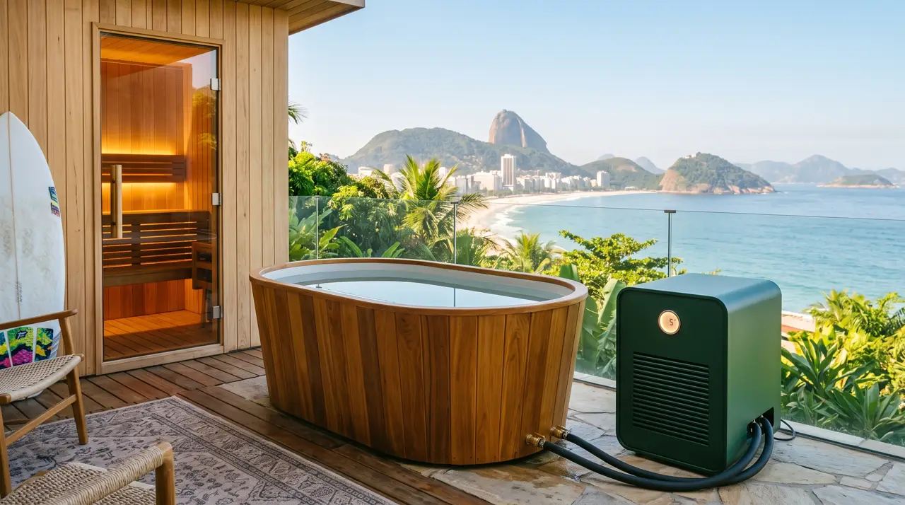 Deck de casa no Rio de Janeiro com banheira de gelo, sauna e mar com morros ao fundo