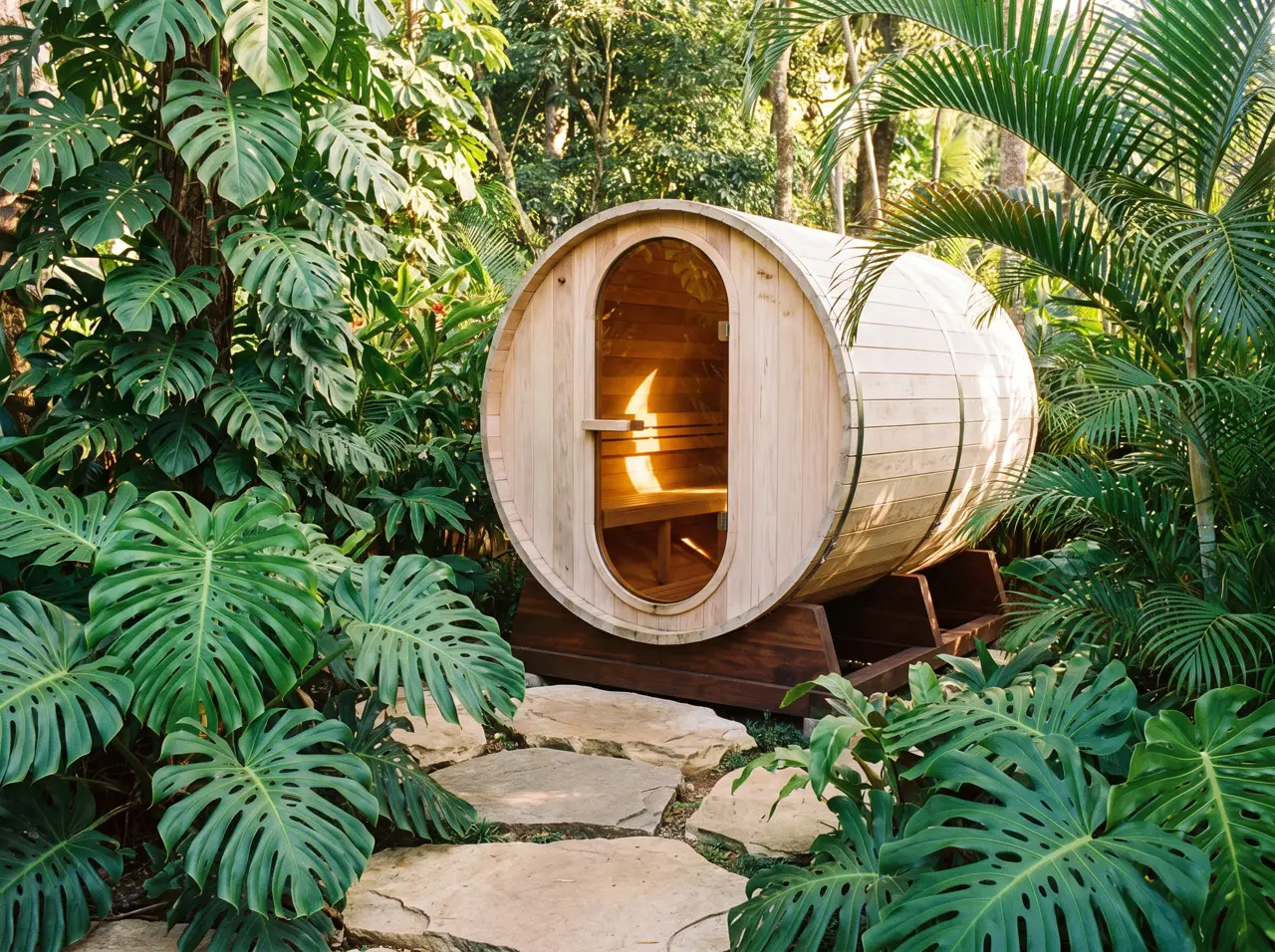 Sauna barril de cedro sobre berço de madeira em jardim tropical