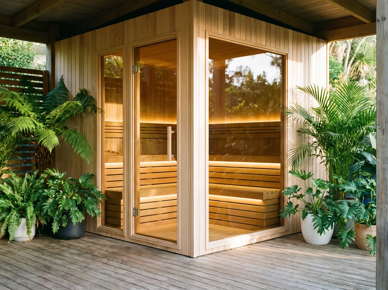 Sauna de canto sob medida com duas faces de vidro em varanda
