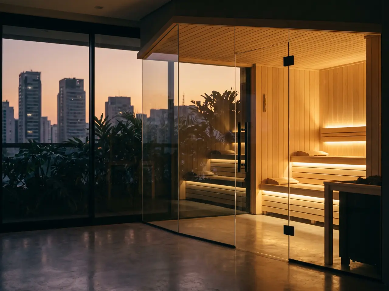 Sauna de vidro sob medida em cobertura com vista para a cidade ao entardecer