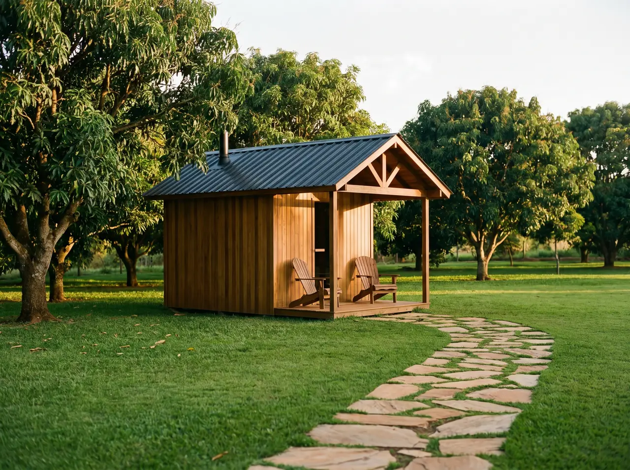 Casa de sauna externa de cedro com varanda em gramado de fazenda brasileira