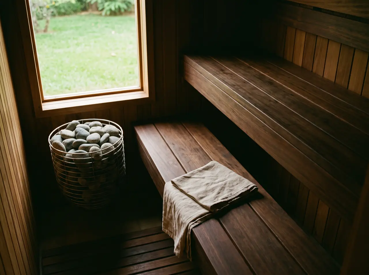 Interior da sauna da fazenda com bancos de cumaru em dois níveis