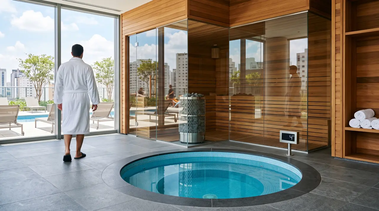 Spa de condominio con sauna panorámico de esquina y piscina fría redonda de mosaico