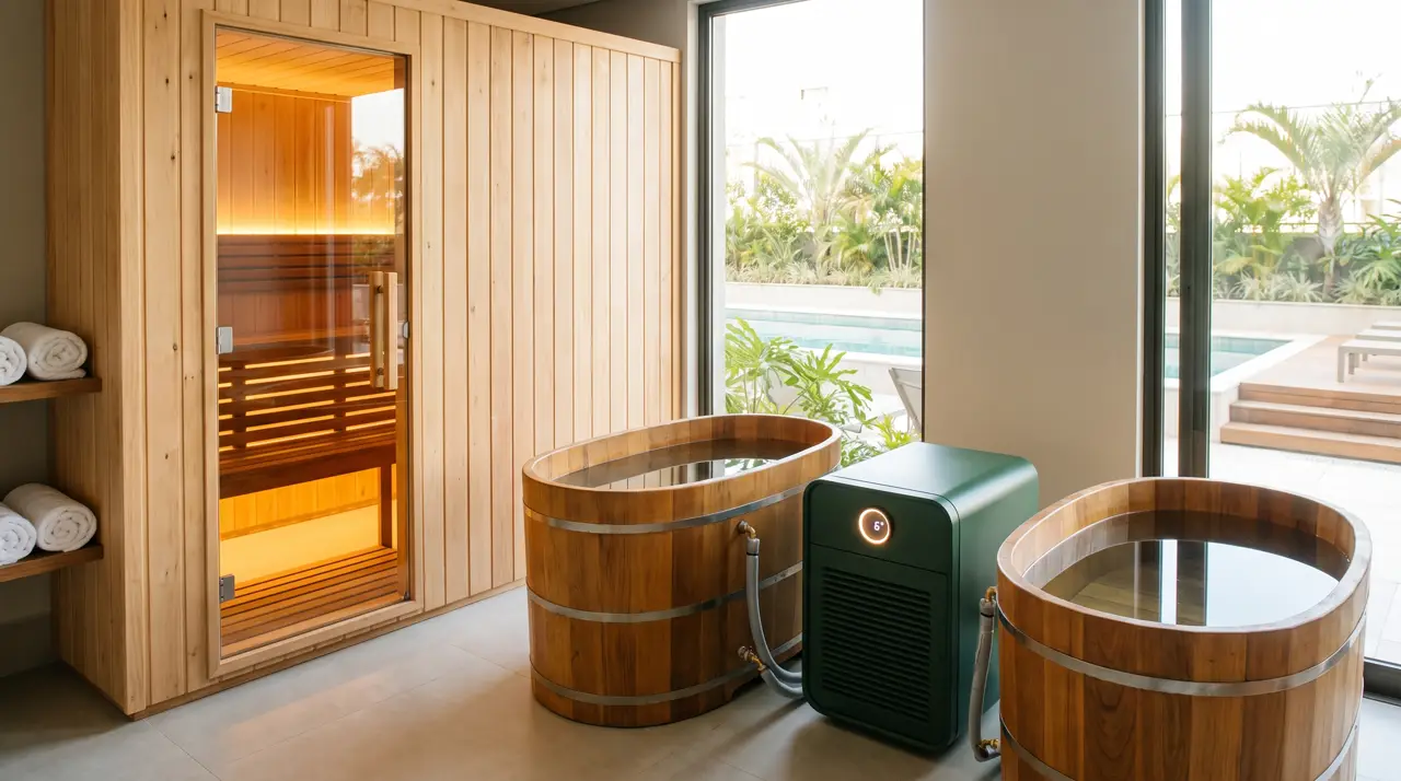 Spa de condomínio de alto padrão com sauna de cedro e duas tinas de cumaru