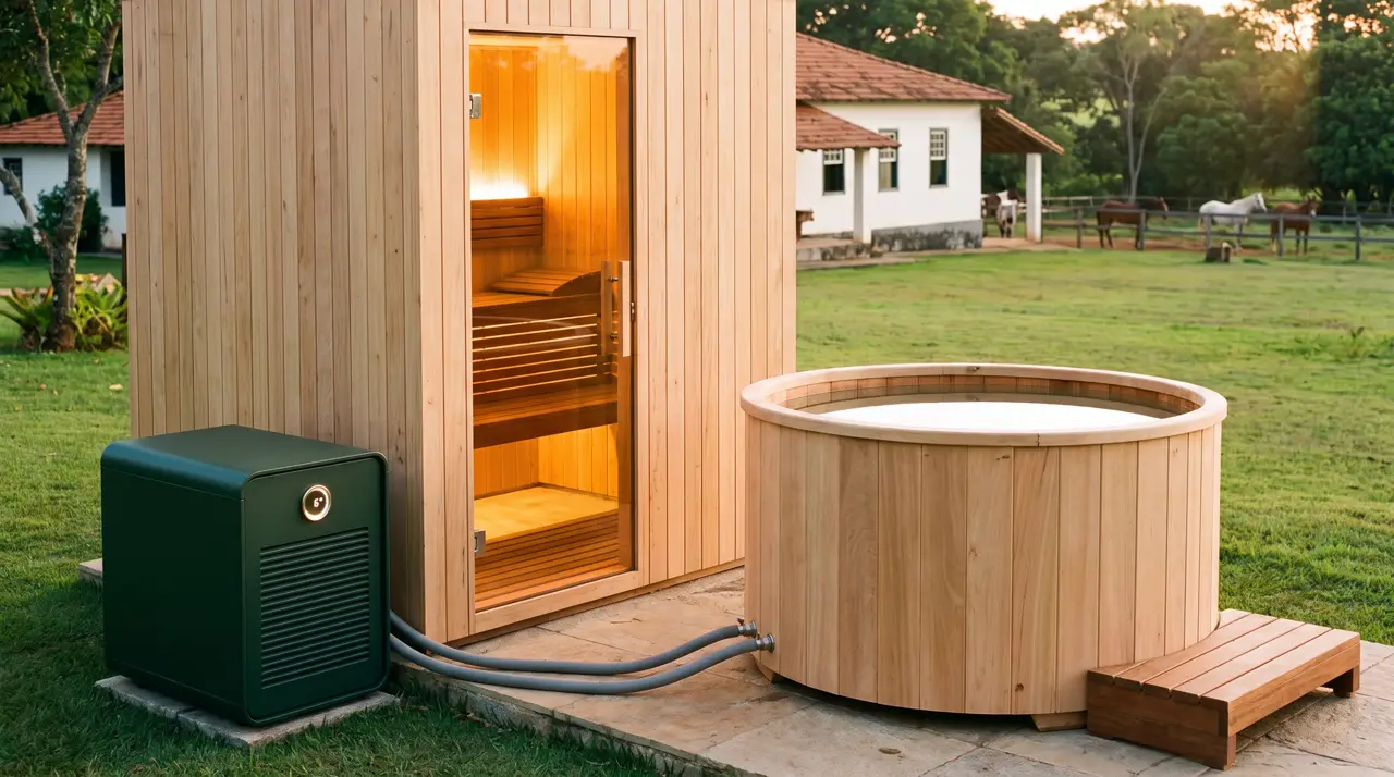 Gramado de fazenda em Porto Feliz com casa de sauna, barril de gelo e casa sede ao fundo