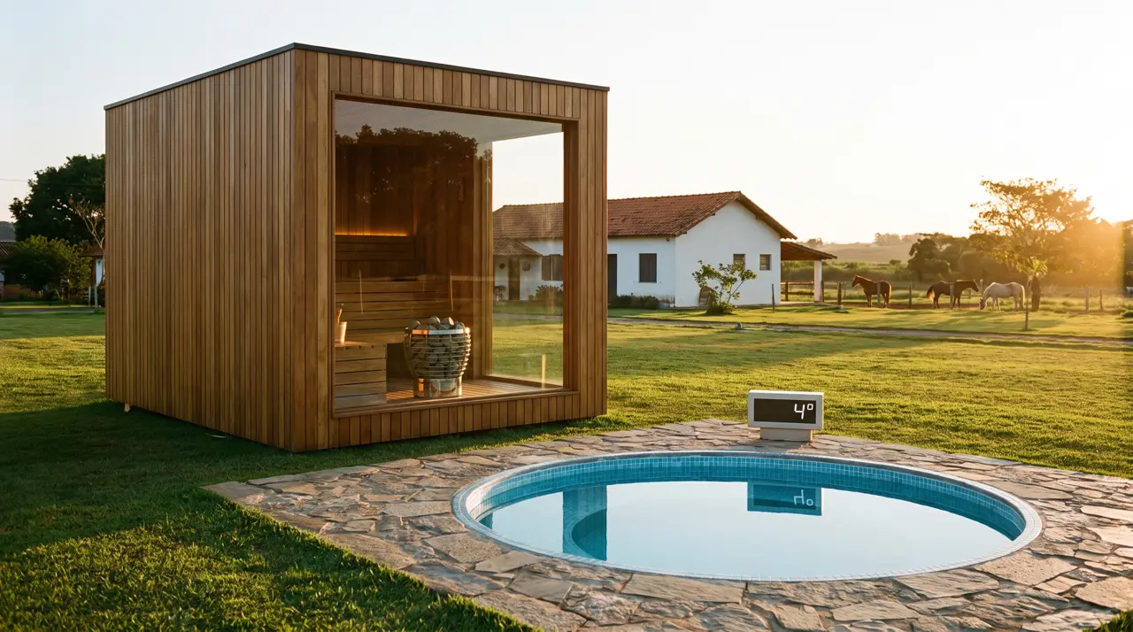Gramado de fazenda em Porto Feliz com casa de sauna de vidro, piscina de gelo e sede ao fundo