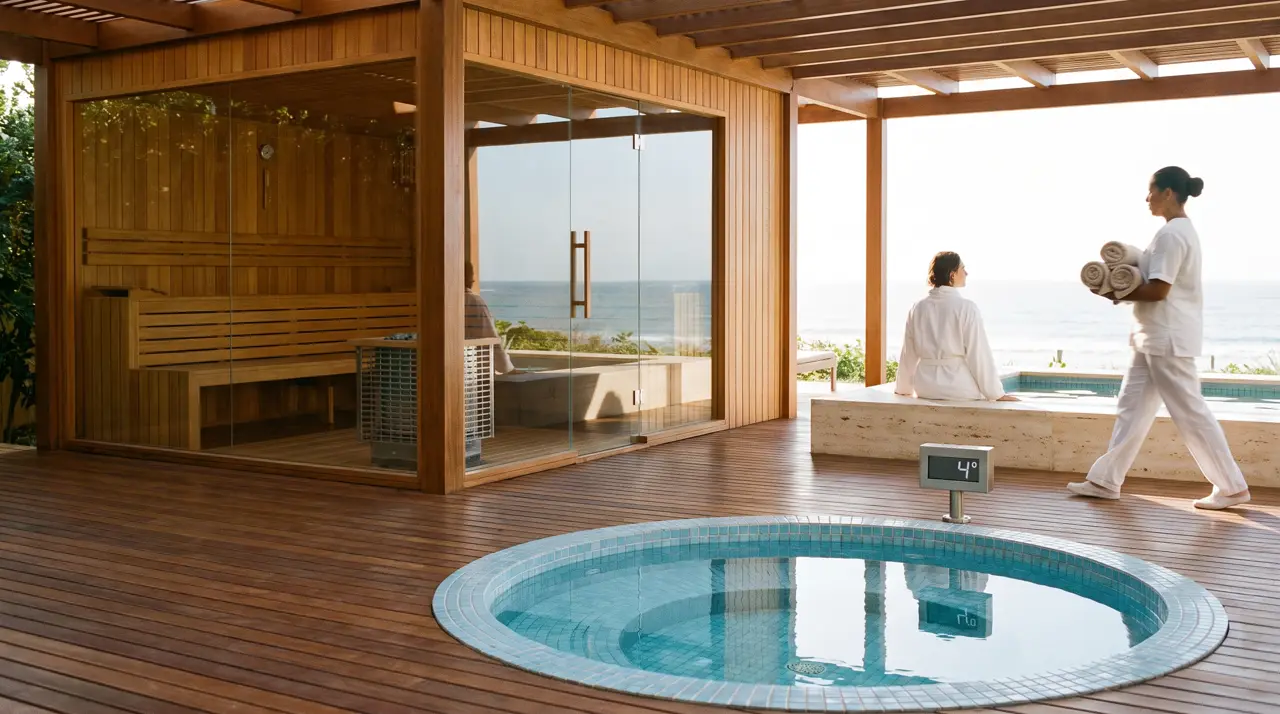 Deck de wellness de hotel con sauna panorámico, piscina fría redonda y piscina cuadrada