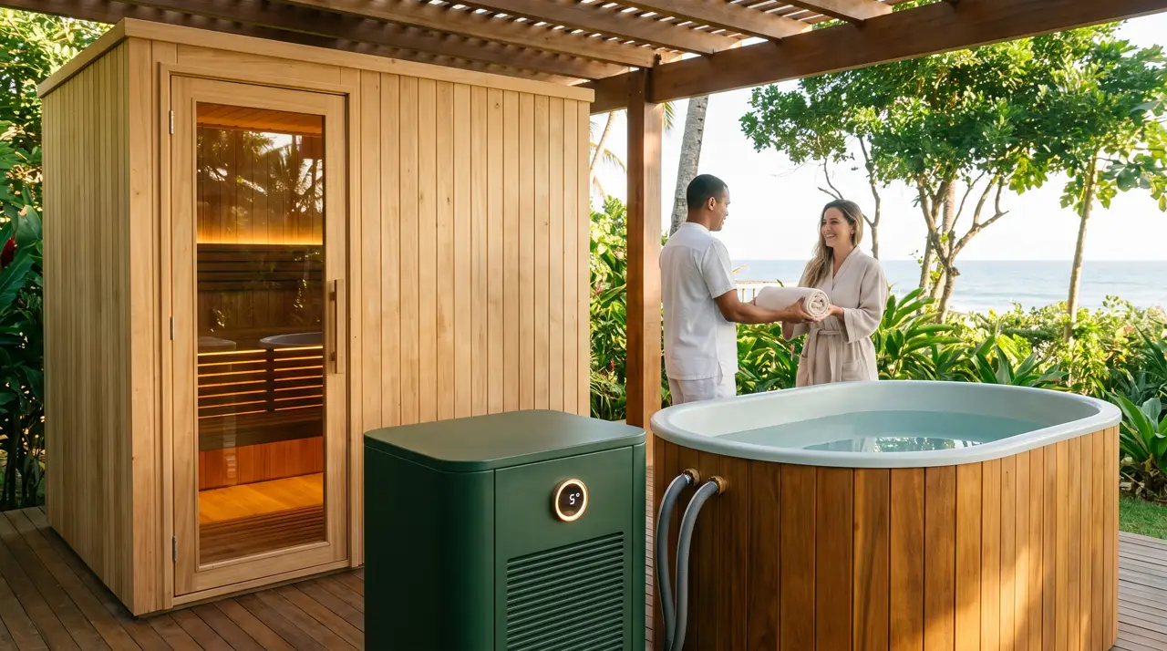 Deck de wellness de pousada na Bahia com sauna, tina de cumaru e atendente com toalhas
