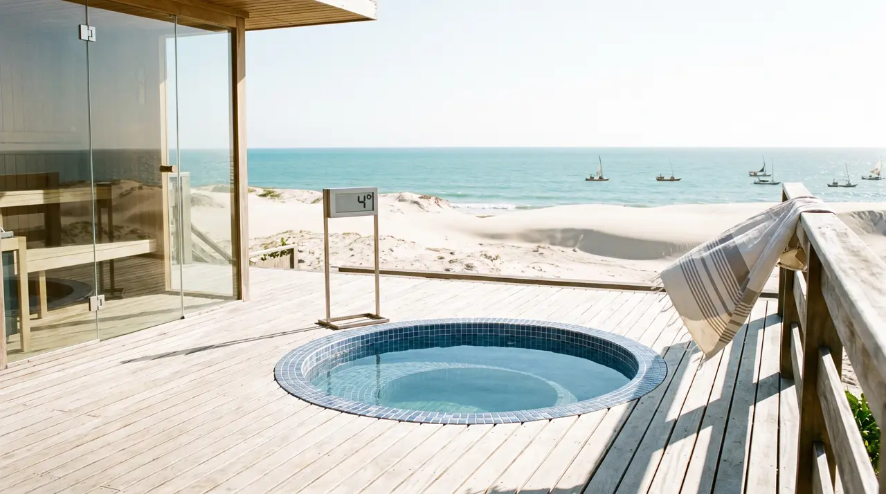 Deck em Fortaleza com sauna panorâmica e piscina fria redonda, dunas e jangadas ao fundo