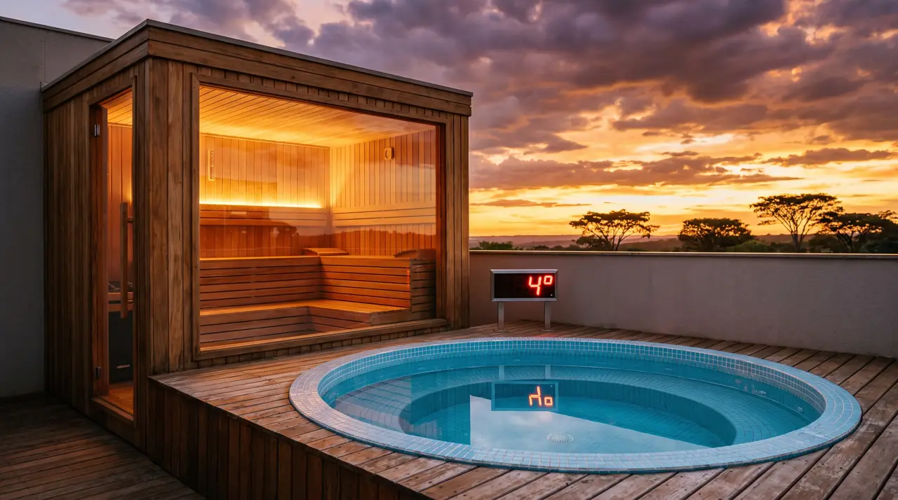 Terraço de condomínio em Goiânia com sauna panorâmica e piscina de gelo ao pôr do sol do cerrado