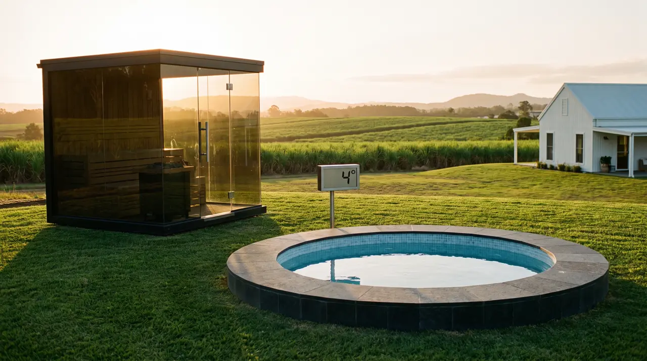 Fazenda moderna perto de Ribeirão Preto com pavilhão de sauna de vidro e piscina fria entre canaviais