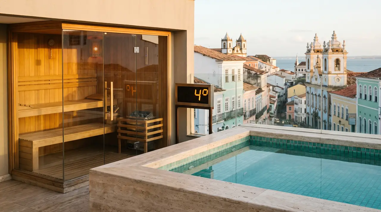 Terraço em Salvador com sauna de vidro e piscina fria quadrada com o casario colonial e a baía ao fundo