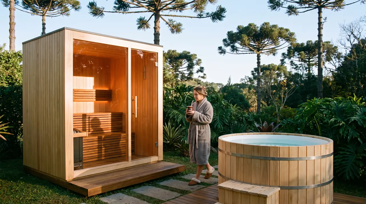 Manhã fria em jardim de Curitiba com sauna de cedro acesa, barril de gelo e araucárias
