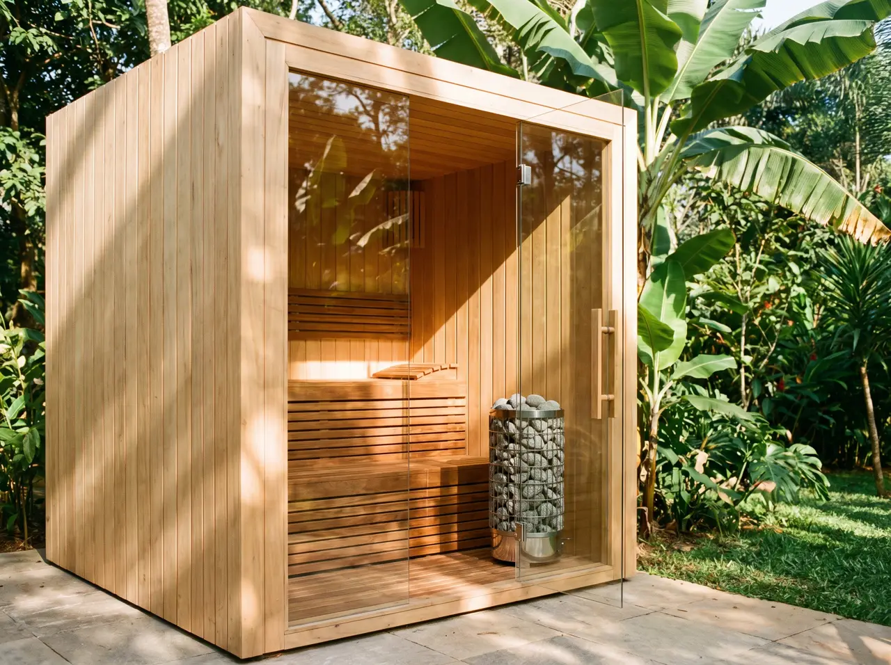 Sauna seca sob medida de cedro claro com porta de vidro em pavilhão de jardim