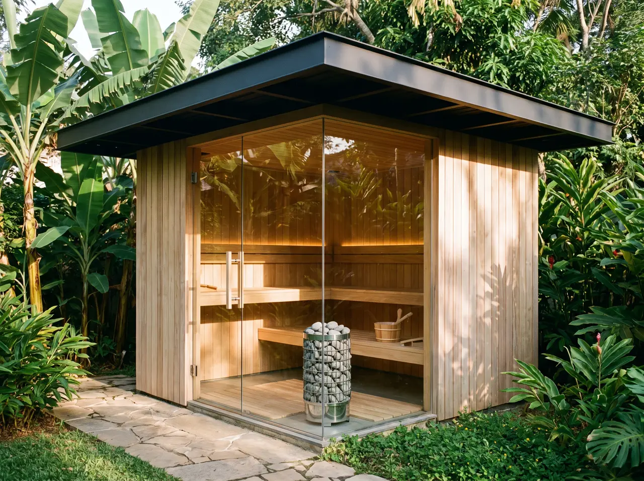 Sauna seco a medida de cedro claro con puerta de vidrio en un pabellón de jardín
