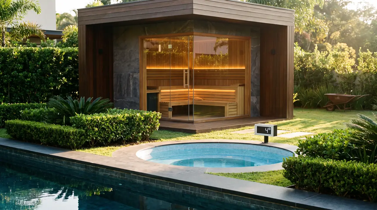 Jardim de residência em Alphaville com sauna panorâmica e piscina de gelo ao pôr do sol