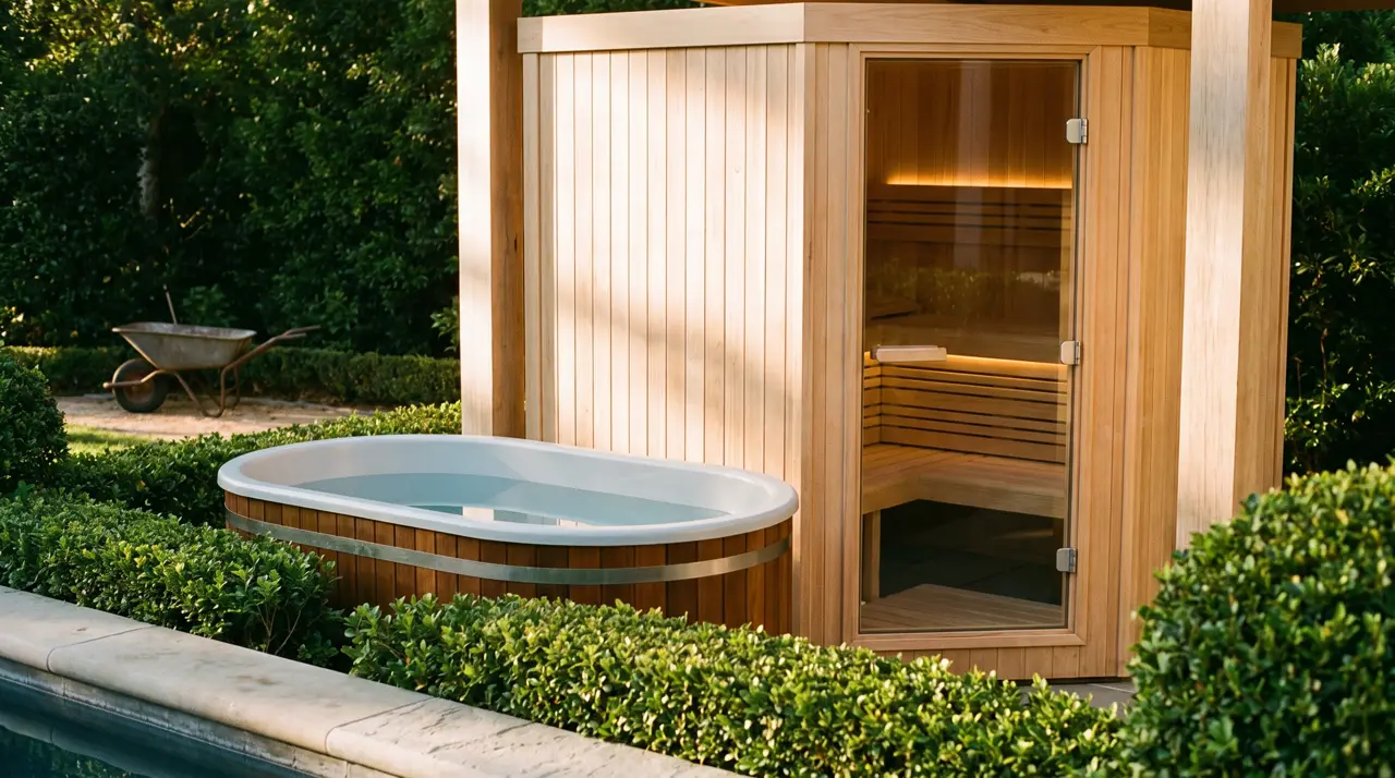 Jardim de residência em Alphaville com pavilhão de sauna e tina de cumaru ao pôr do sol