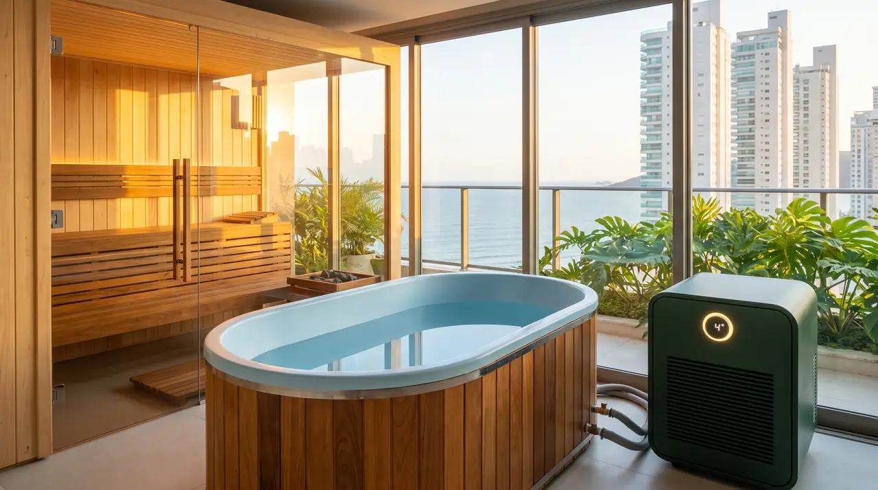 Spa de apartamento alto em Balneário Camboriú com sauna de vidro e torres da orla na janela