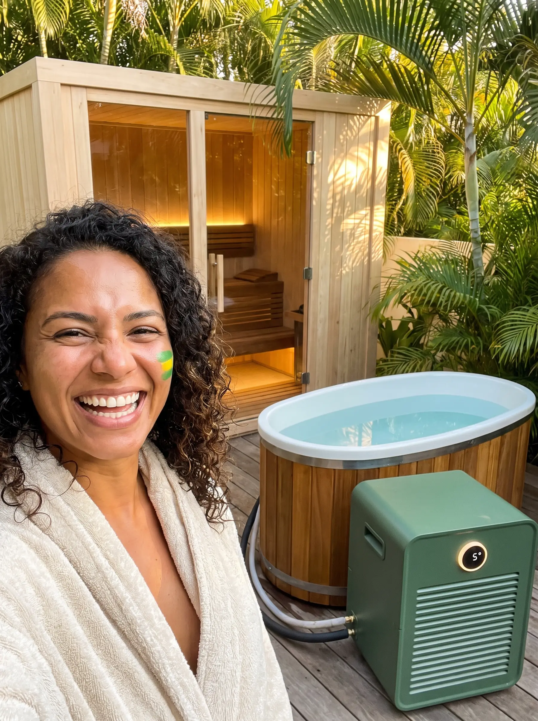 Mulher brasileira sorrindo de toalha entre sauna de cedro sob medida e banheira de gelo de cumaru em terraço tropical