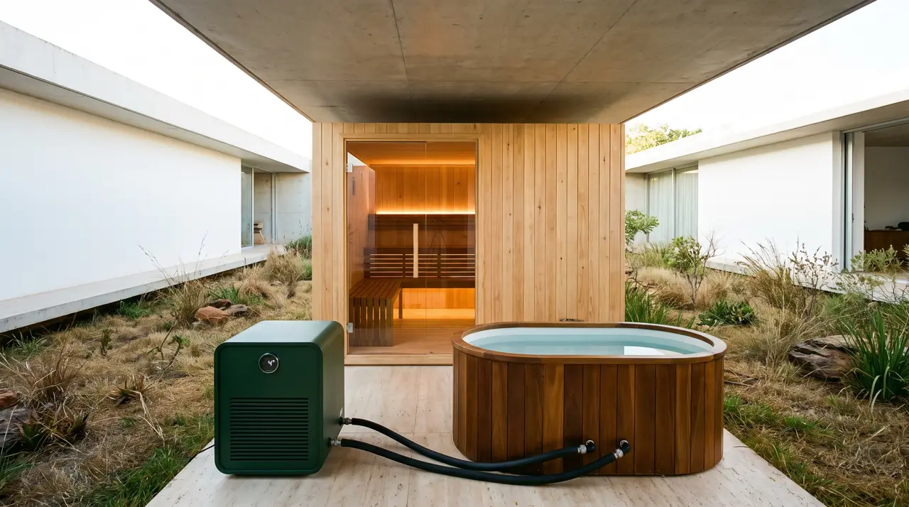 Pátio modernista em Brasília com sauna integrada à laje, tina de cumaru e jardim de cerrado