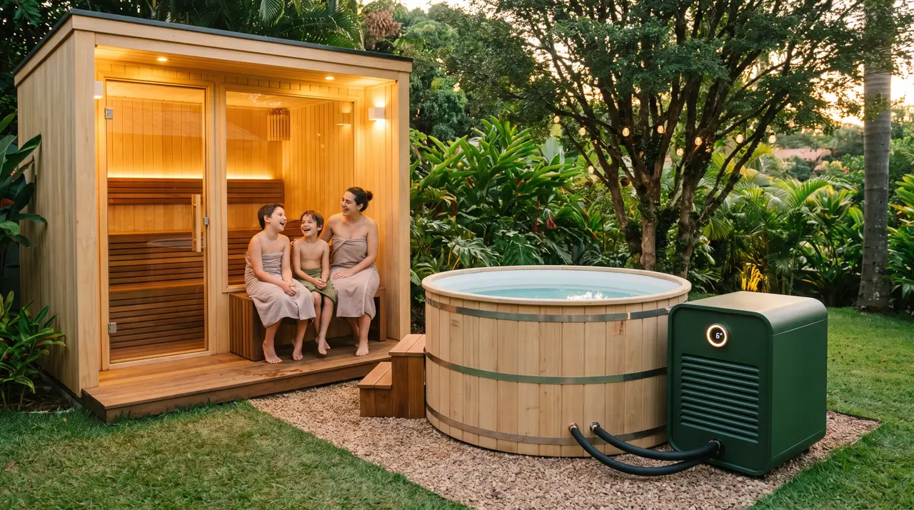 Jardim noturno em condomínio de Campinas com sauna acesa, barril de gelo e família rindo