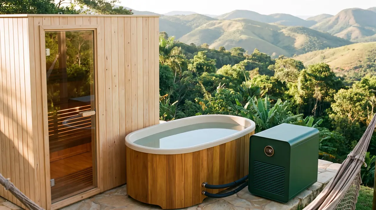 Terraço em encosta de Nova Lima com sauna, tina de cumaru e montanhas de Minas ao fundo