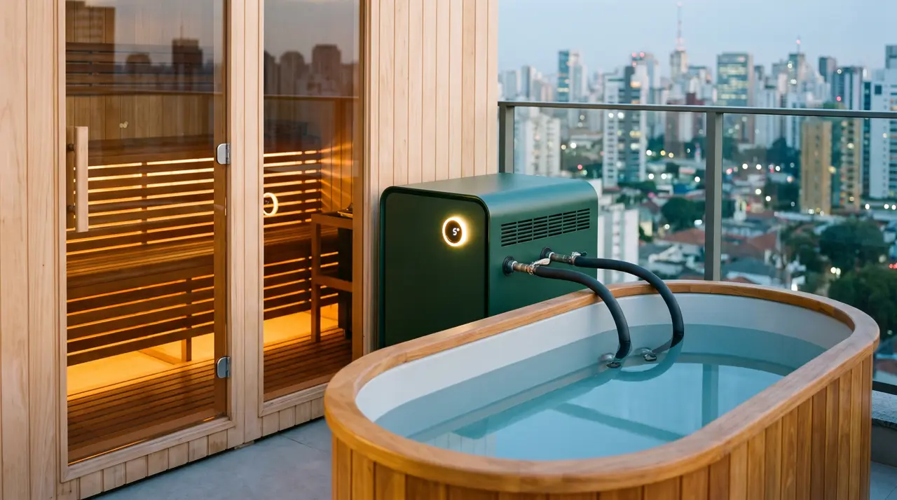Terraço de cobertura em São Paulo com sauna de cedro e banheira de gelo ao anoitecer