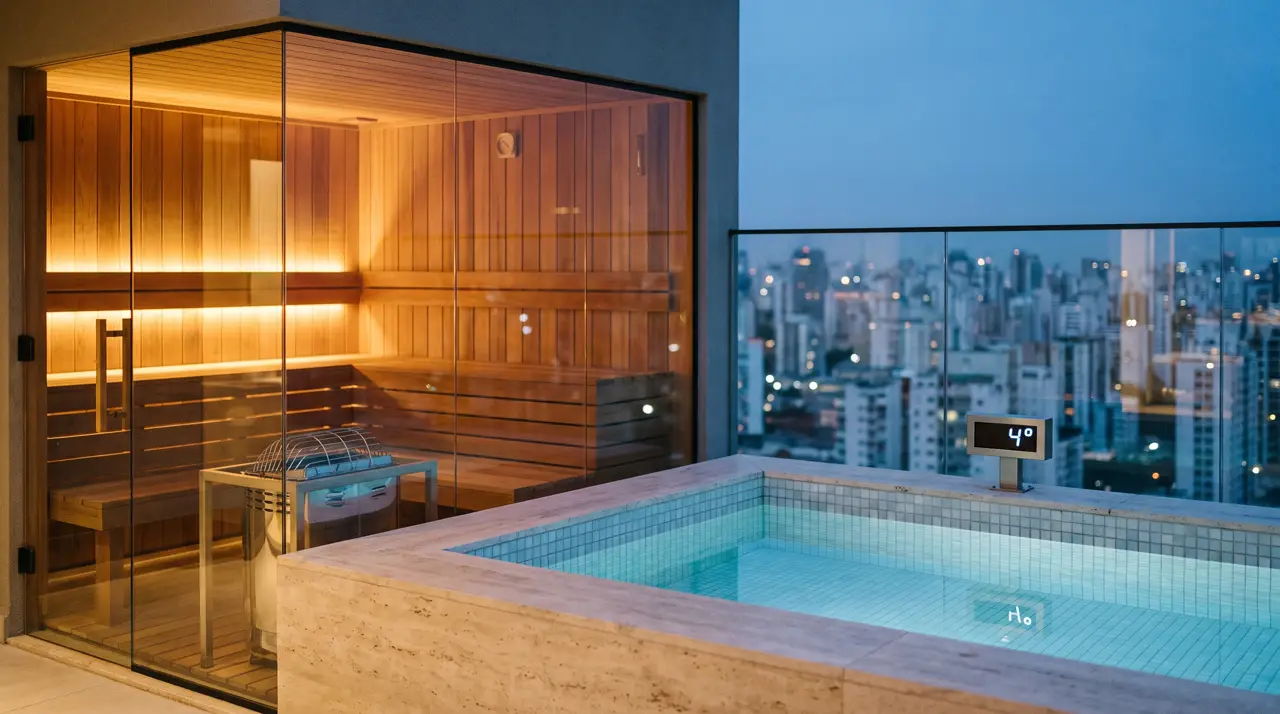 Terraço de cobertura em São Paulo com sauna de cedro e banheira de gelo ao anoitecer