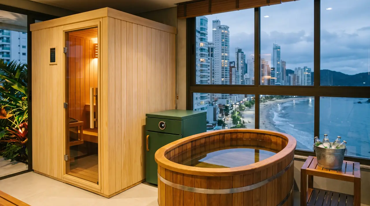 Spa pronto em cobertura de Balneário Camboriú com sauna de vidro acesa e torres na janela