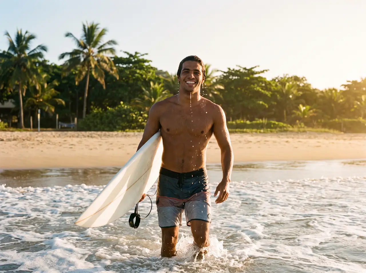 Surfista brasileiro saindo do mar com a prancha ao amanhecer